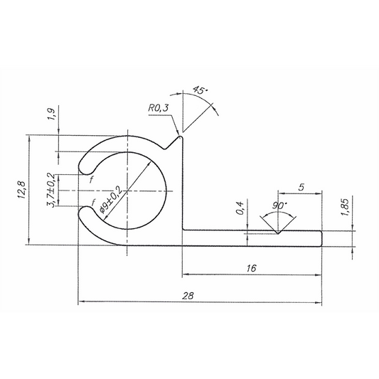 Aluminium kederrails 180 graden, 82,5 cm