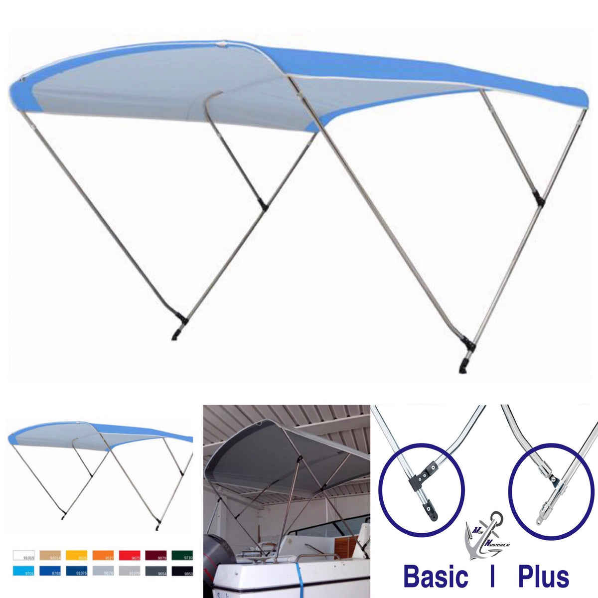Biminitop básico de acero inoxidable con 3 arcos Ancho 150 cm - 170 cm