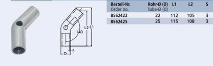 Relingskoppling 140 grader rostfritt stål