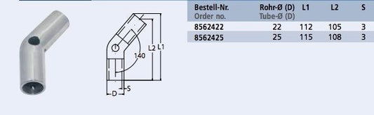 Reling verbinder 140 graden RVS
