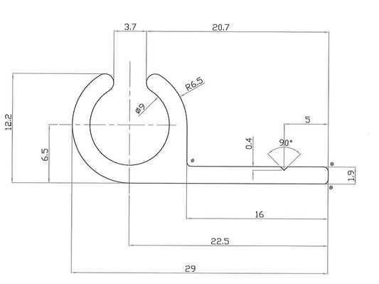 Aluminium kederrails 90 graden, 90 cm