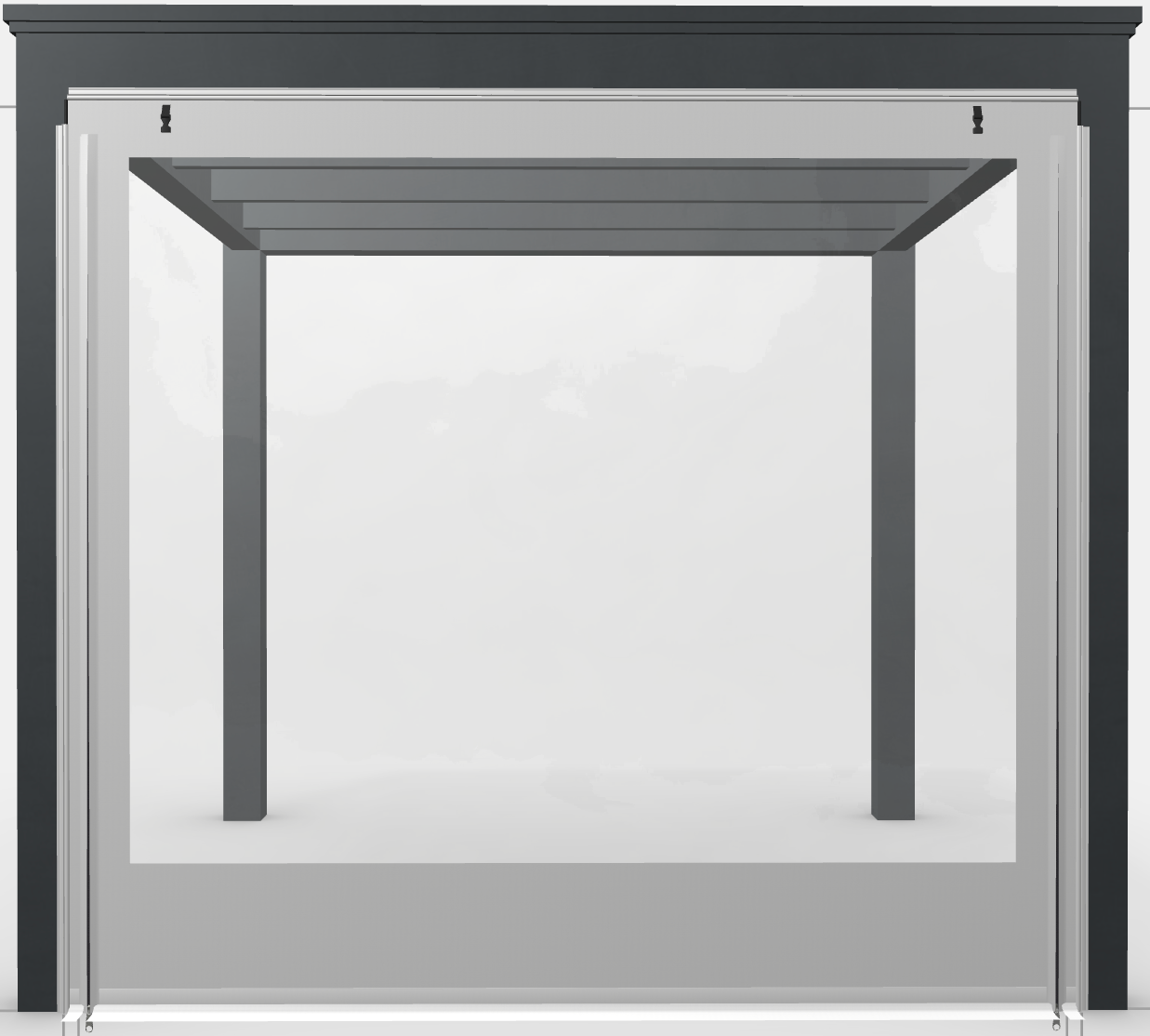 Op de palen buitenkant met caravanrails en ritsen